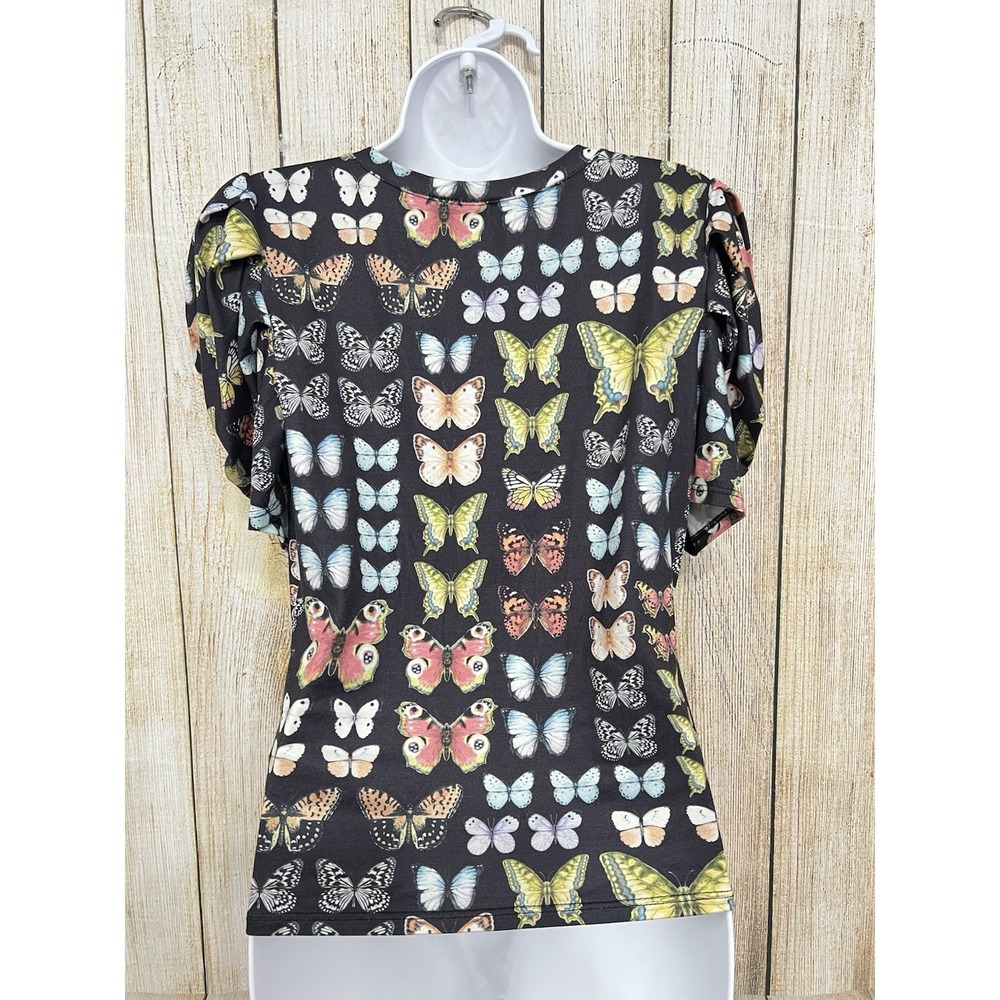 Women Graphic Butterfly Print Top L Puff Sleeve Stretch Y2K Fairy Whimsical Goth - Picture 5 of 8